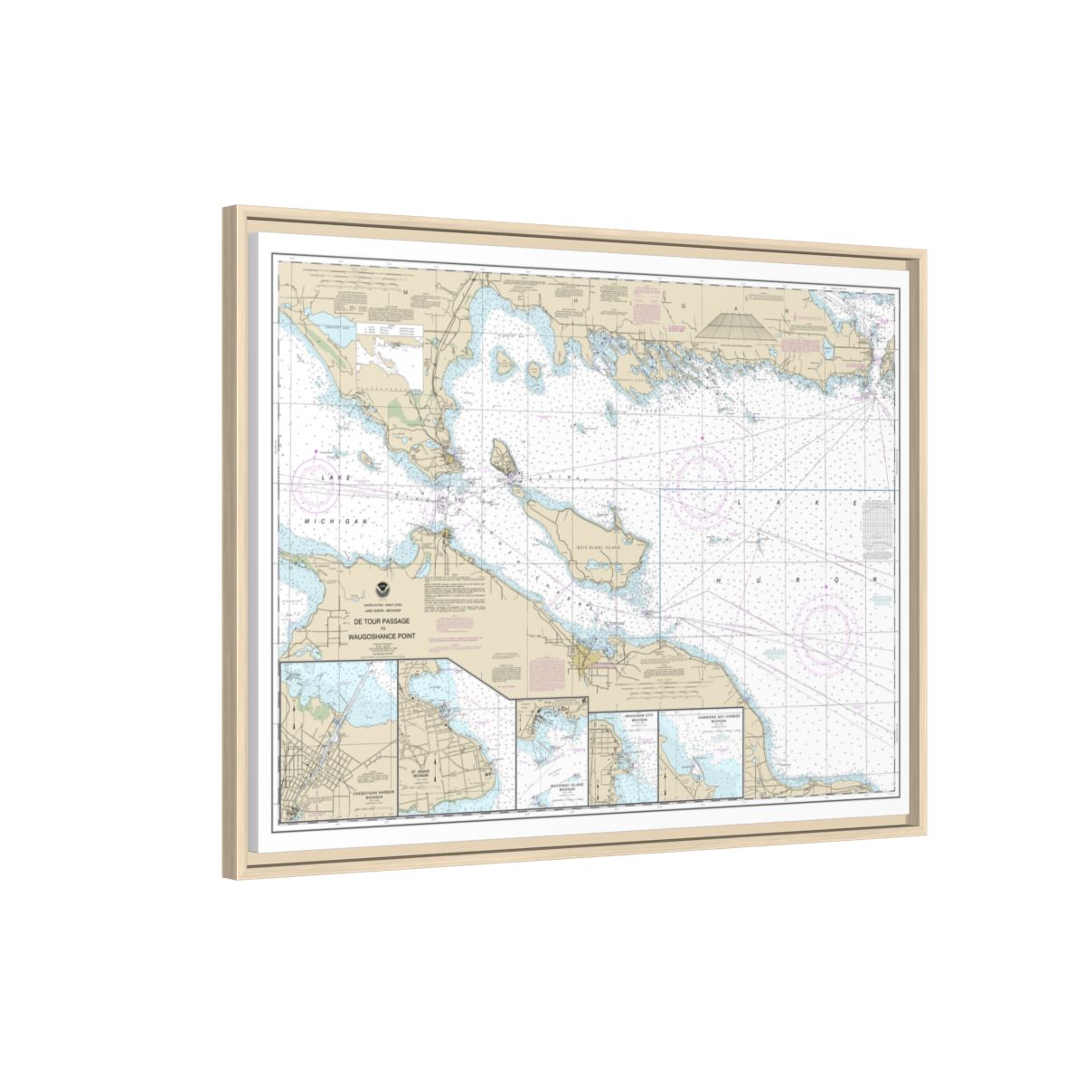 Chart 14881 Detour Passage to Waugoshance Pt.;Hammond Bay Harbor;Mackinac Island;Cheboygan;Mackinaw City;St. lgnace - NOAA Nautical Chart Floating Frame Canvas | 32" x 24" | 40" x 30" - Natural side