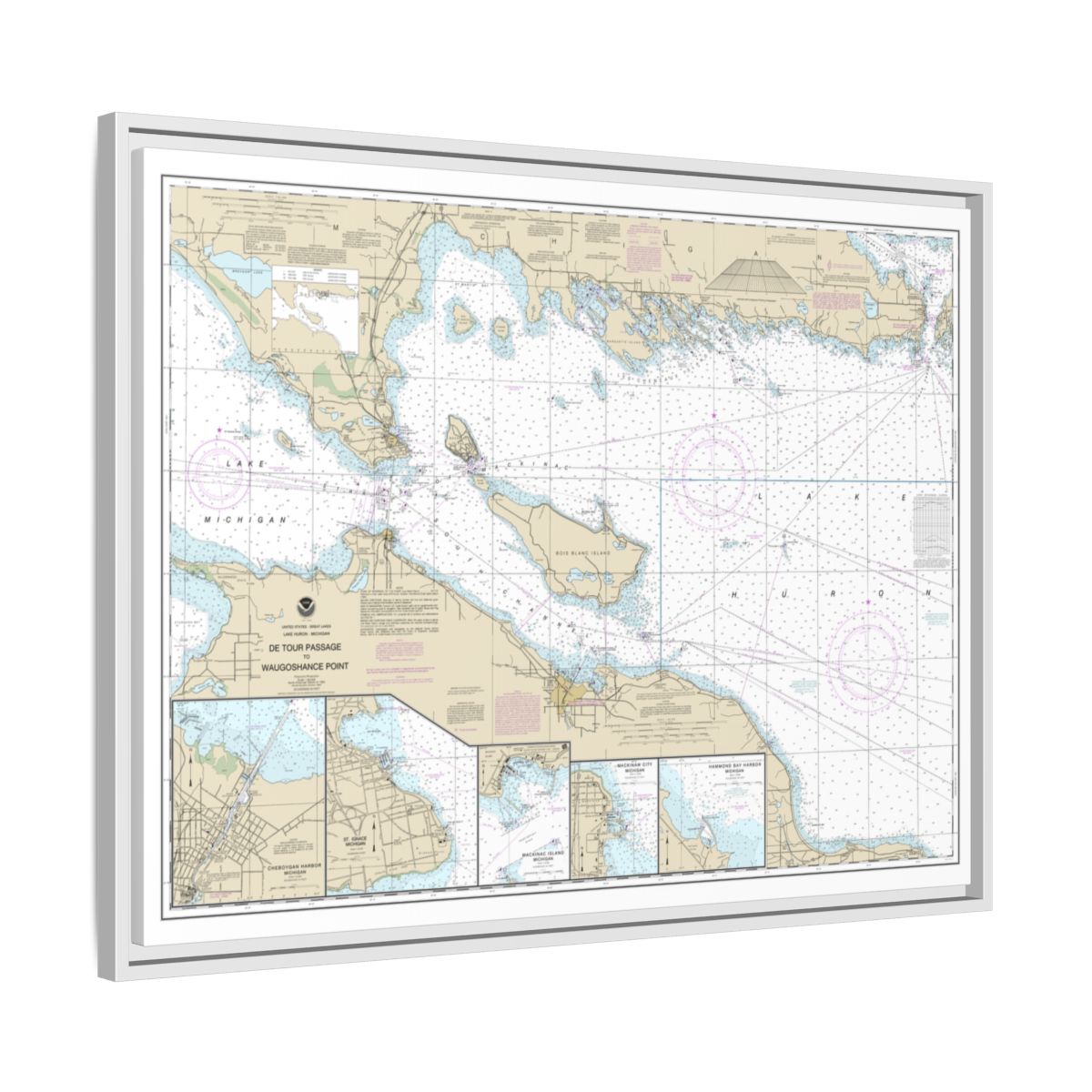 Chart 14881 Detour Passage to Waugoshance Pt.;Hammond Bay Harbor;Mackinac Island;Cheboygan;Mackinaw City;St. lgnace - NOAA Nautical Chart Floating Frame Canvas | 32" x 24" | 40" x 30" - White side