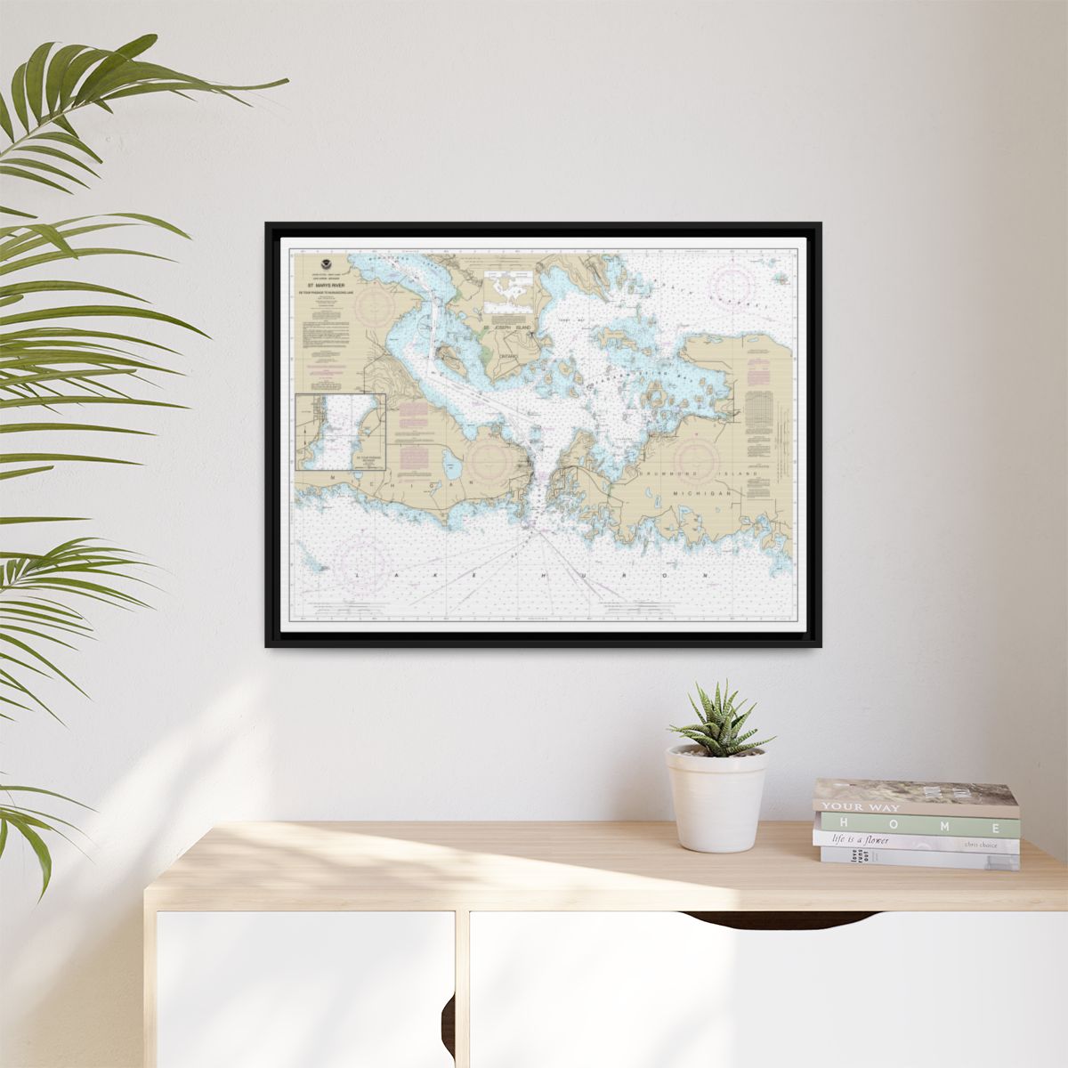 Chart 14882 St. Mars River - Detour Passage to Munuscong Lake;Detour Passage - NOAA Nautical Chart Floating Frame Canvas | 32" x 24" | 40" x 30" - Black context-1