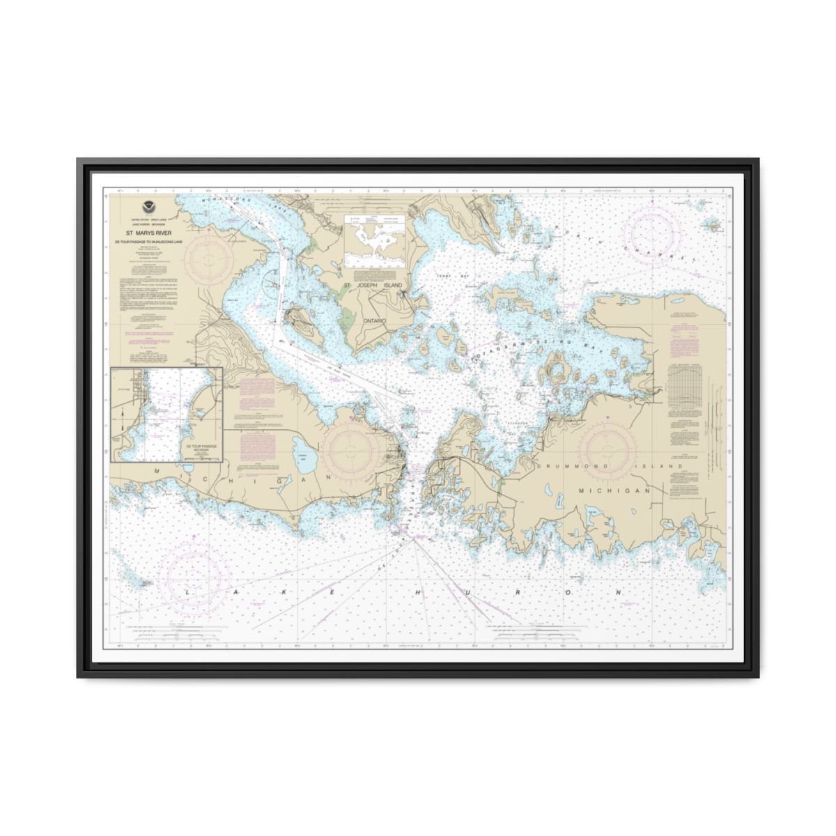 Chart 14882 St. Mars River - Detour Passage to Munuscong Lake;Detour Passage - NOAA Nautical Chart Floating Frame Canvas | 32" x 24" | 40" x 30" - Black front