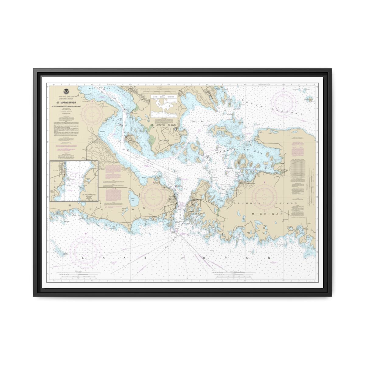 Chart 14882 St. Mars River - Detour Passage to Munuscong Lake;Detour Passage - NOAA Nautical Chart Floating Frame Canvas | 32" x 24" | 40" x 30" - Black front