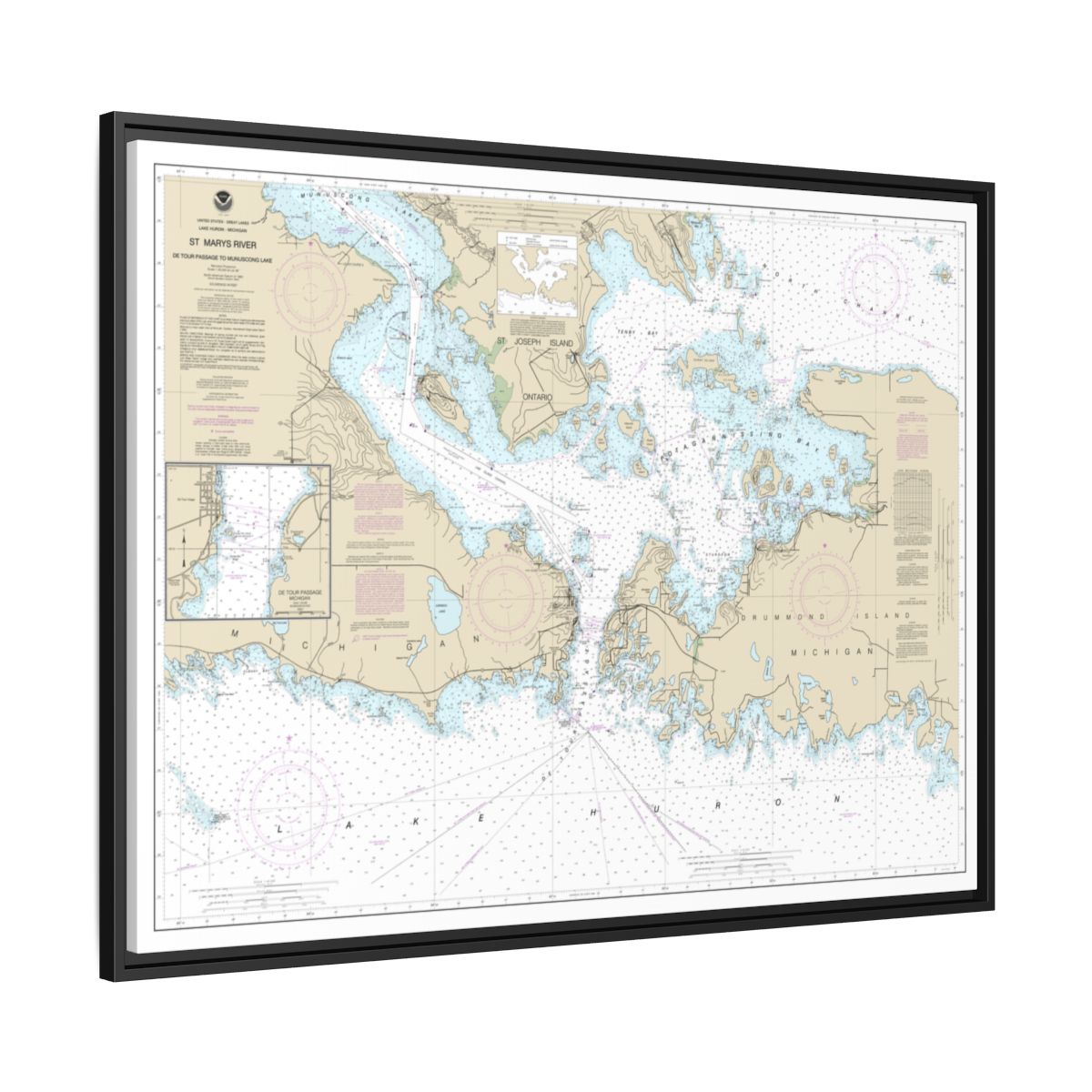 Chart 14882 St. Mars River - Detour Passage to Munuscong Lake;Detour Passage - NOAA Nautical Chart Floating Frame Canvas | 32" x 24" | 40" x 30" - Black side