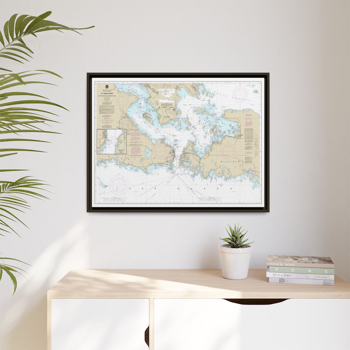 Chart 14882 St. Mars River - Detour Passage to Munuscong Lake;Detour Passage - NOAA Nautical Chart Floating Frame Canvas | 32" x 24" | 40" x 30" - Espresso context-1