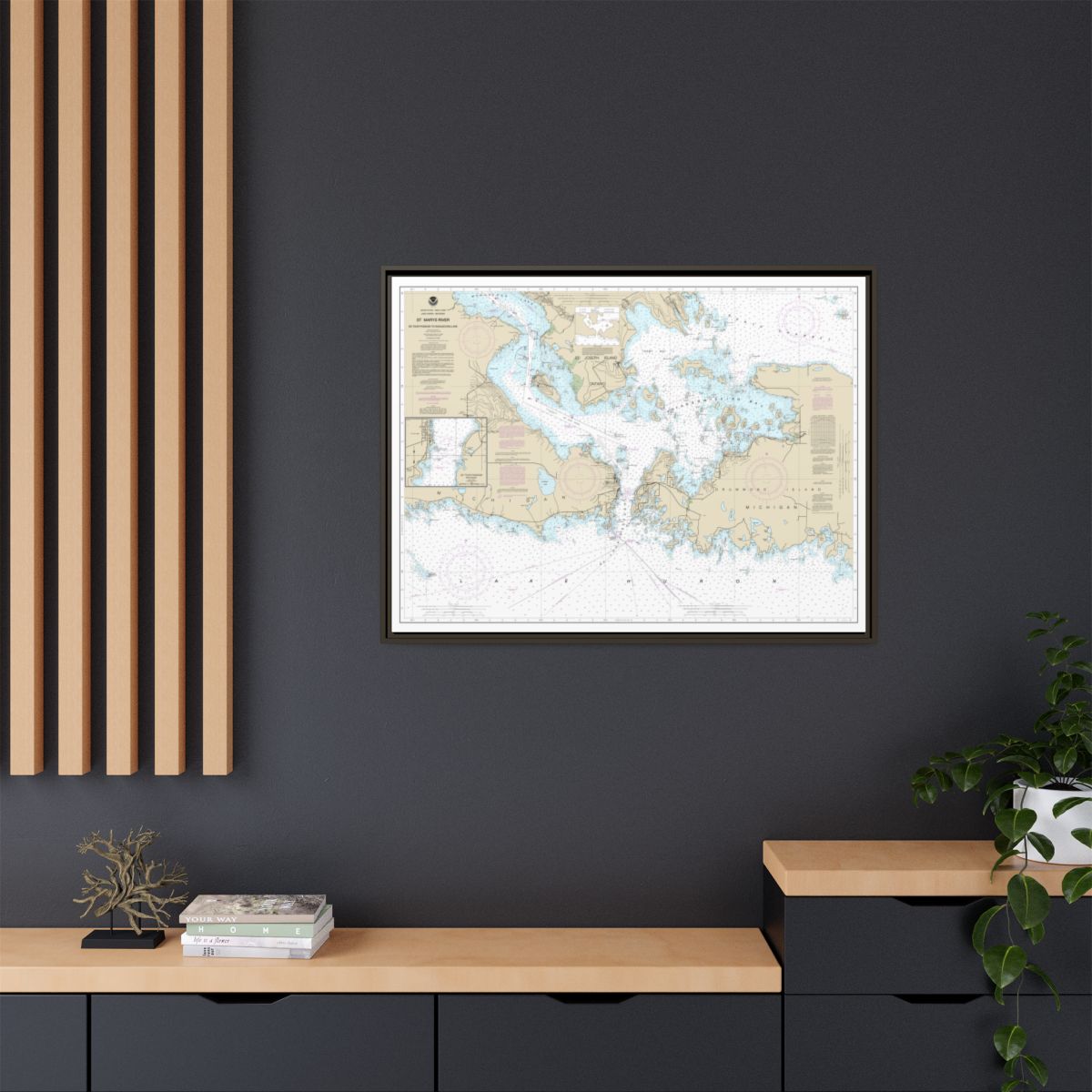 Chart 14882 St. Mars River - Detour Passage to Munuscong Lake;Detour Passage - NOAA Nautical Chart Floating Frame Canvas | 32" x 24" | 40" x 30" - Espresso context-2