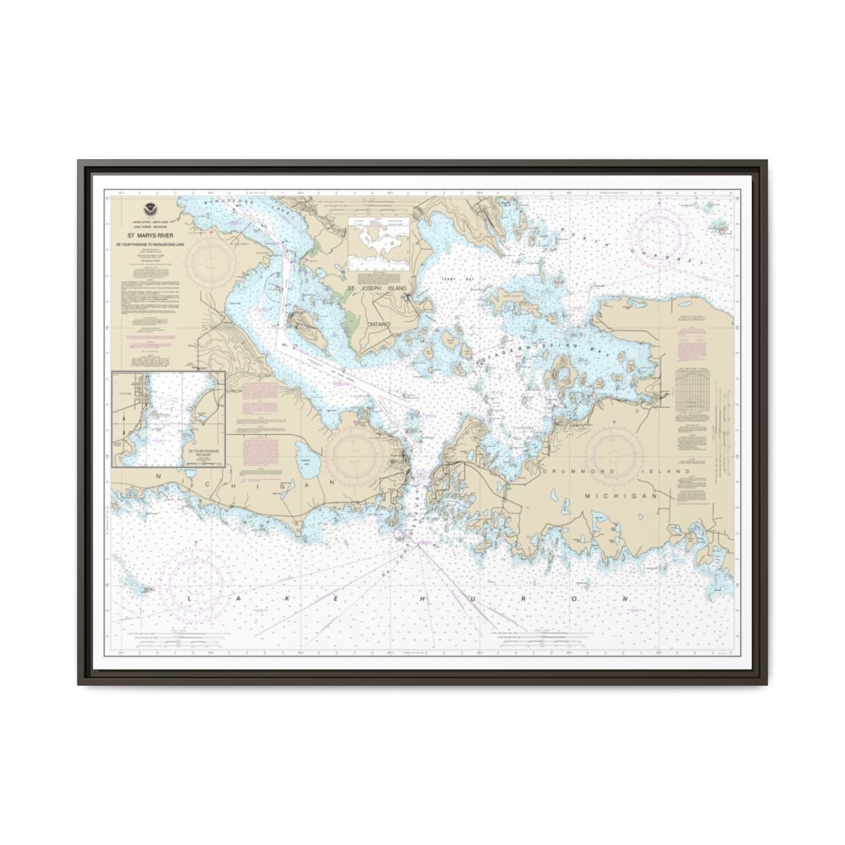 Chart 14882 St. Mars River - Detour Passage to Munuscong Lake;Detour Passage - NOAA Nautical Chart Floating Frame Canvas | 32" x 24" | 40" x 30" - Espresso front