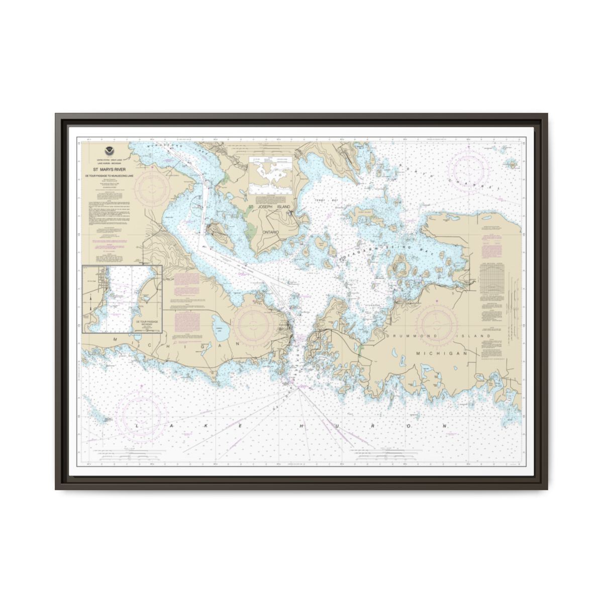 Chart 14882 St. Mars River - Detour Passage to Munuscong Lake;Detour Passage - NOAA Nautical Chart Floating Frame Canvas | 32" x 24" | 40" x 30" - Espresso front
