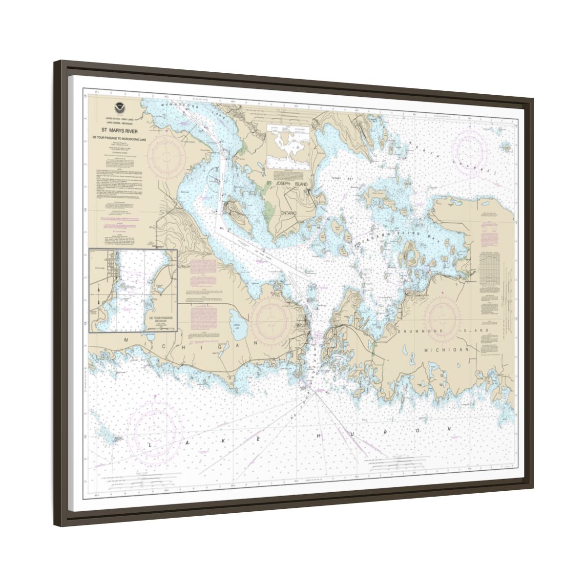 Chart 14882 St. Mars River - Detour Passage to Munuscong Lake;Detour Passage - NOAA Nautical Chart Floating Frame Canvas | 32" x 24" | 40" x 30" - Espresso side