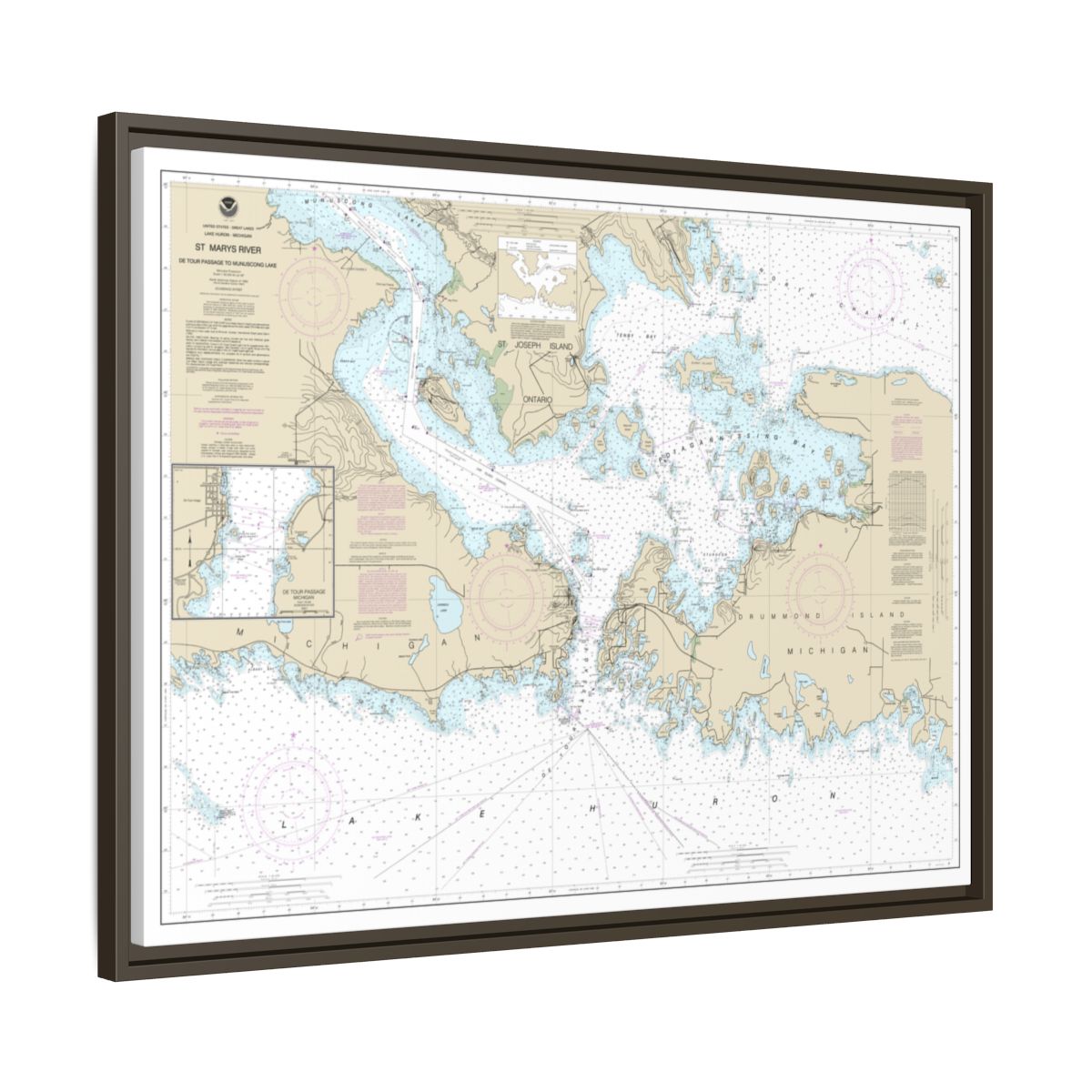 Chart 14882 St. Mars River - Detour Passage to Munuscong Lake;Detour Passage - NOAA Nautical Chart Floating Frame Canvas | 32" x 24" | 40" x 30" - Espresso side
