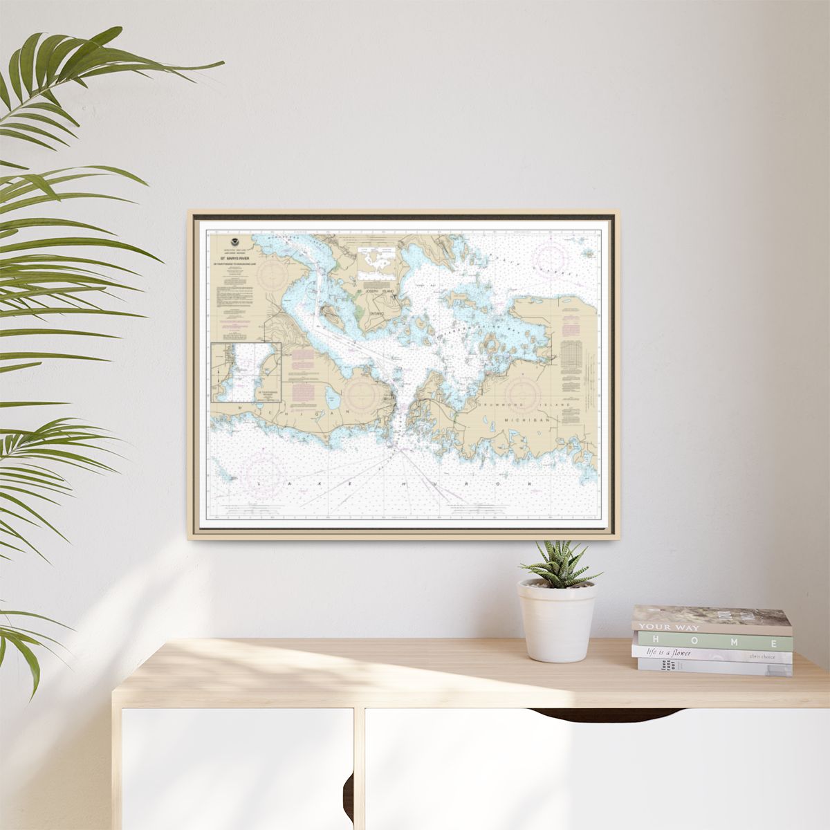 Chart 14882 St. Mars River - Detour Passage to Munuscong Lake;Detour Passage - NOAA Nautical Chart Floating Frame Canvas | 32" x 24" | 40" x 30" - Natural context-1