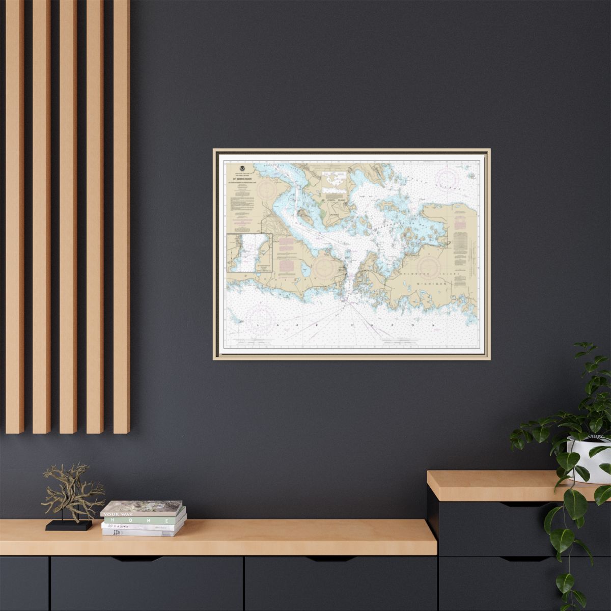 Chart 14882 St. Mars River - Detour Passage to Munuscong Lake;Detour Passage - NOAA Nautical Chart Floating Frame Canvas | 32" x 24" | 40" x 30" - Natural context-2