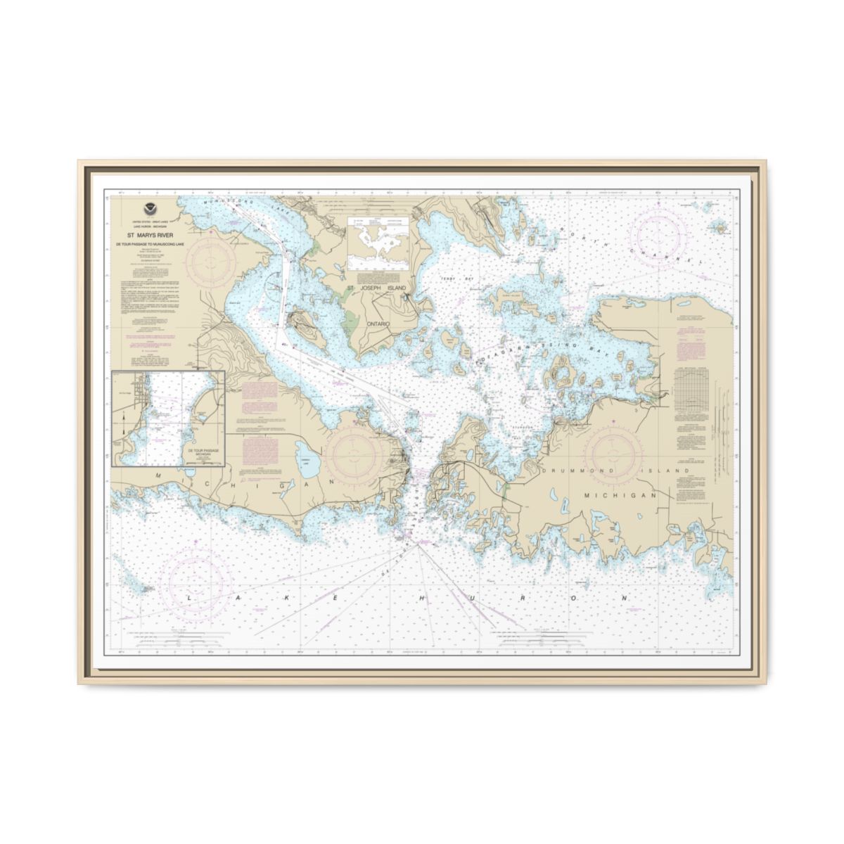 Chart 14882 St. Mars River - Detour Passage to Munuscong Lake;Detour Passage - NOAA Nautical Chart Floating Frame Canvas | 32" x 24" | 40" x 30" - Natural front