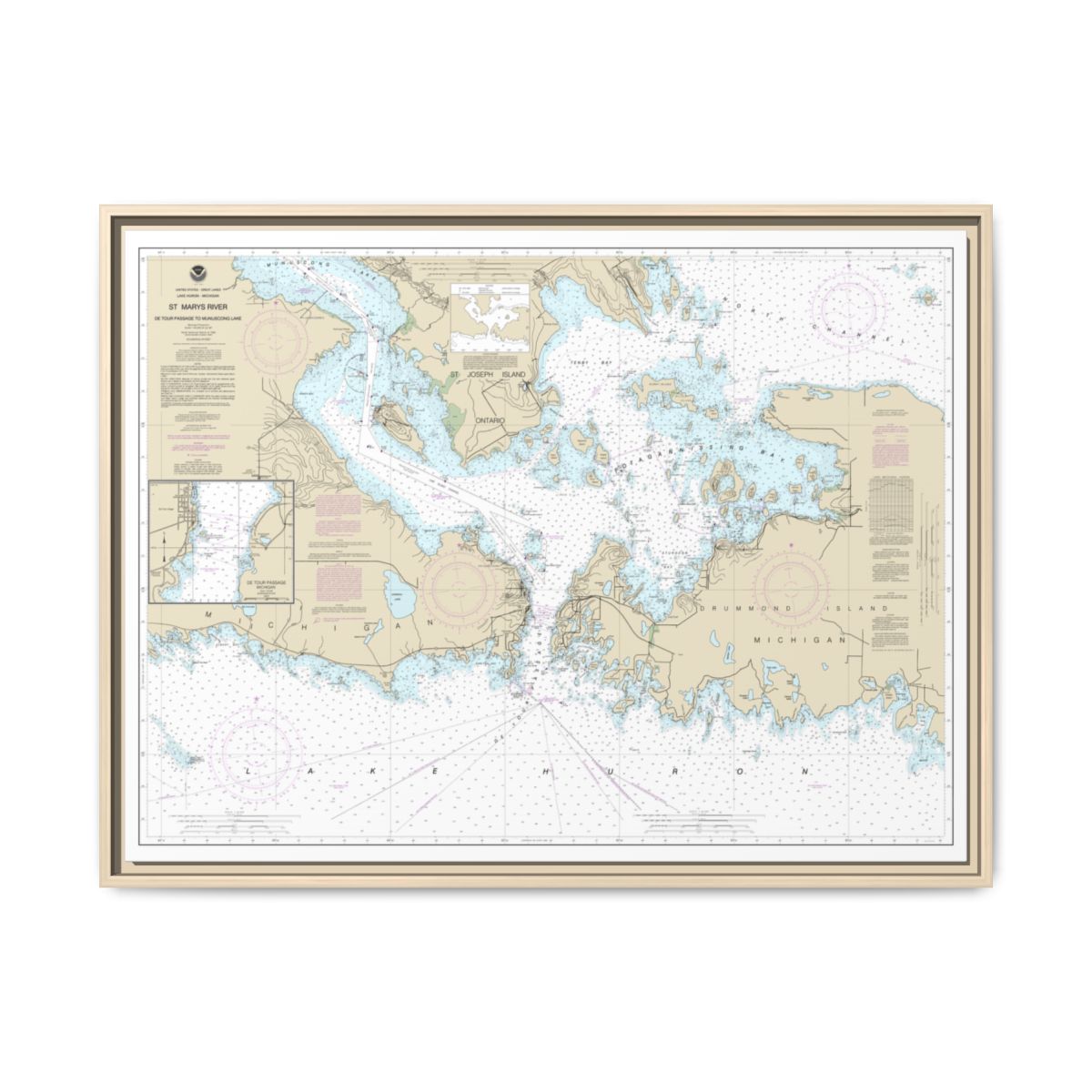 Chart 14882 St. Mars River - Detour Passage to Munuscong Lake;Detour Passage - NOAA Nautical Chart Floating Frame Canvas | 32" x 24" | 40" x 30" - Natural front