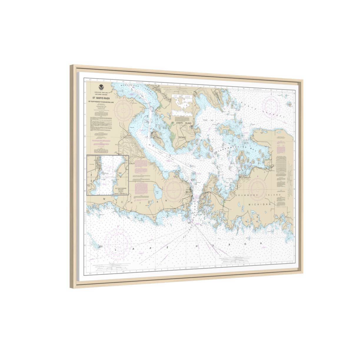 Chart 14882 St. Mars River - Detour Passage to Munuscong Lake;Detour Passage - NOAA Nautical Chart Floating Frame Canvas | 32" x 24" | 40" x 30" - Natural side