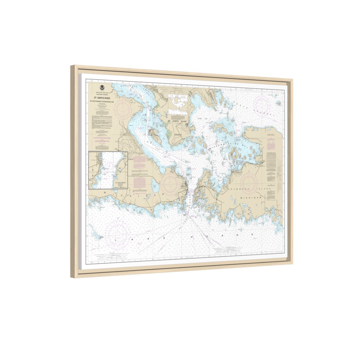 Chart 14882 St. Mars River - Detour Passage to Munuscong Lake;Detour Passage - NOAA Nautical Chart Floating Frame Canvas | 32" x 24" | 40" x 30" - Natural side