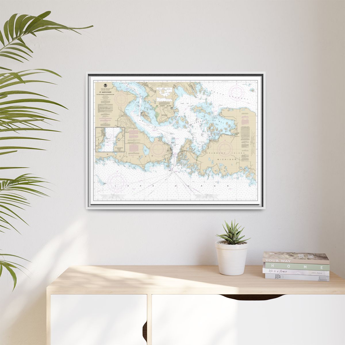 Chart 14882 St. Mars River - Detour Passage to Munuscong Lake;Detour Passage - NOAA Nautical Chart Floating Frame Canvas | 32" x 24" | 40" x 30" - White context-1