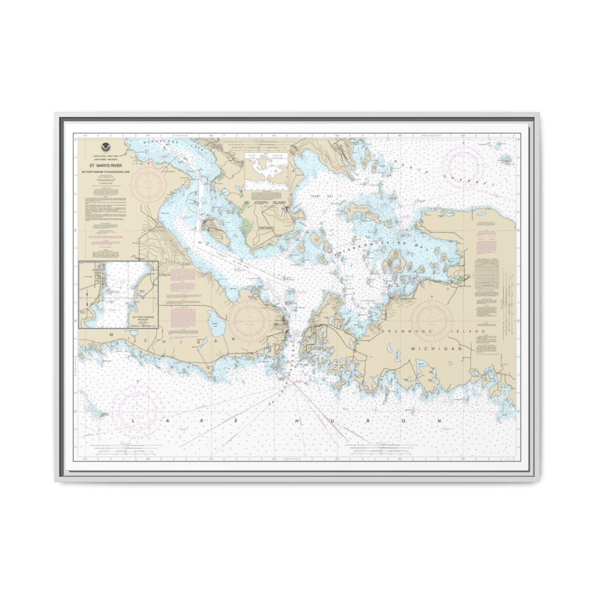 Chart 14882 St. Mars River - Detour Passage to Munuscong Lake;Detour Passage - NOAA Nautical Chart Floating Frame Canvas | 32" x 24" | 40" x 30" - White front
