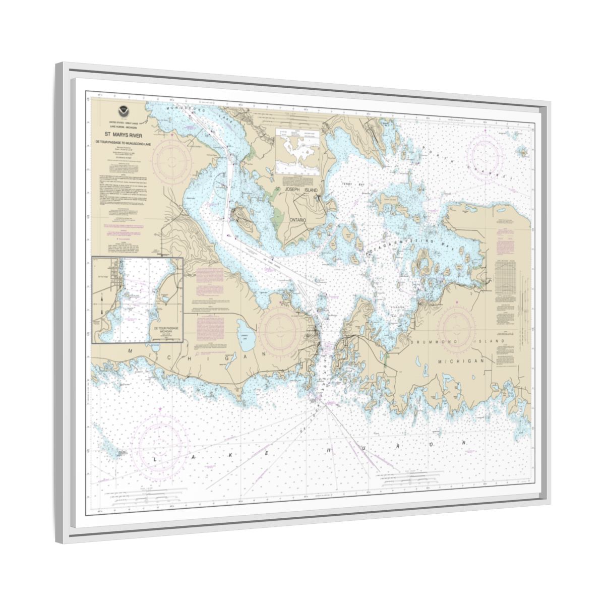 Chart 14882 St. Mars River - Detour Passage to Munuscong Lake;Detour Passage - NOAA Nautical Chart Floating Frame Canvas | 32" x 24" | 40" x 30" - White side