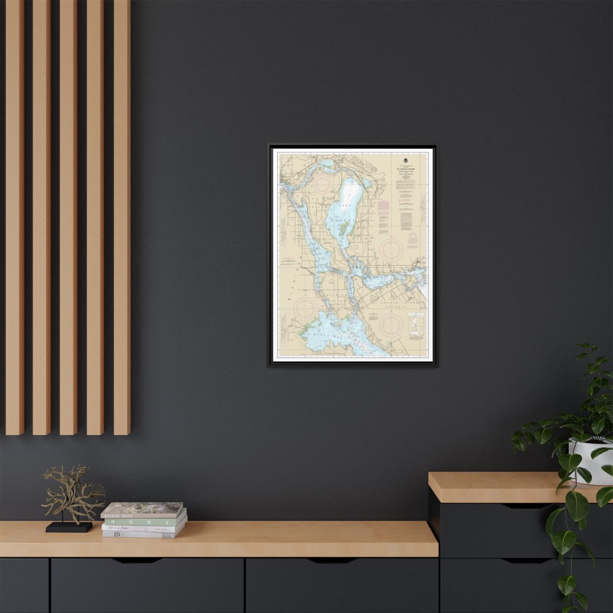 Chart 14883 St. Marys River - Munuscong Lake to Sault Ste. Marie - NOAA Nautical Chart Floating Frame Canvas | 24" x 32" | 30" x 40" - Black context-2