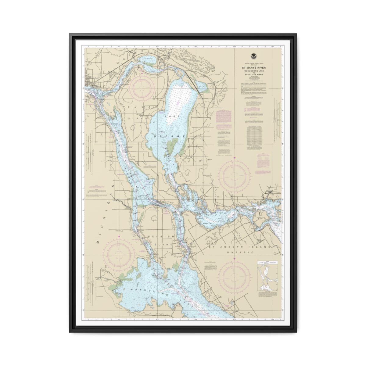 Chart 14883 St. Marys River - Munuscong Lake to Sault Ste. Marie - NOAA Nautical Chart Floating Frame Canvas | 24" x 32" | 30" x 40" - Black front