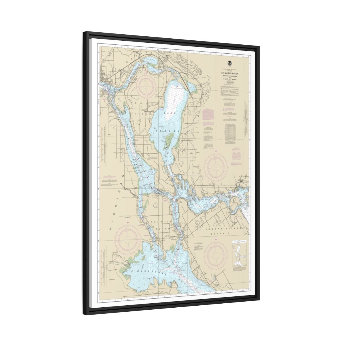 Chart 14883 St. Marys River - Munuscong Lake to Sault Ste. Marie - NOAA Nautical Chart Floating Frame Canvas | 24" x 32" | 30" x 40" - Black side
