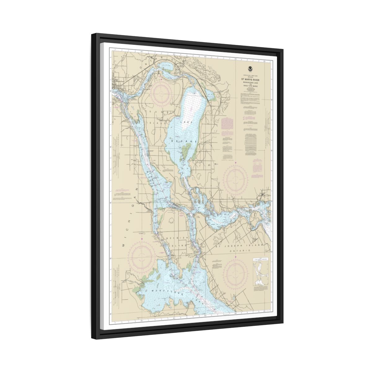Chart 14883 St. Marys River - Munuscong Lake to Sault Ste. Marie - NOAA Nautical Chart Floating Frame Canvas | 24" x 32" | 30" x 40" - Black side