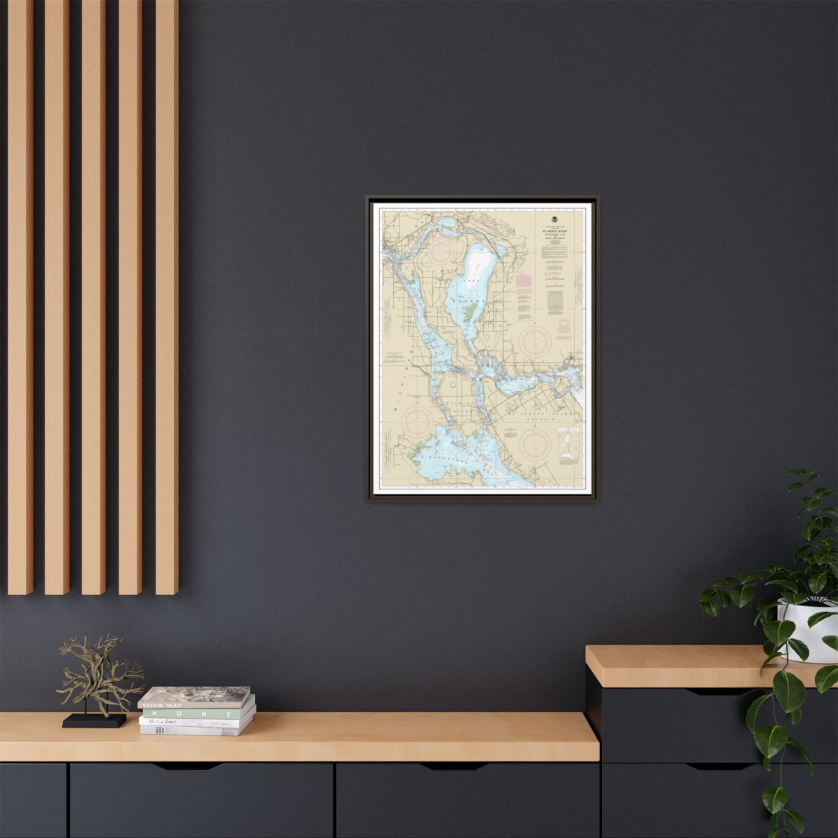 Chart 14883 St. Marys River - Munuscong Lake to Sault Ste. Marie - NOAA Nautical Chart Floating Frame Canvas | 24" x 32" | 30" x 40" - Espresso context-2