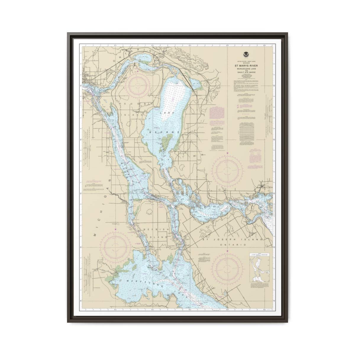 Chart 14883 St. Marys River - Munuscong Lake to Sault Ste. Marie - NOAA Nautical Chart Floating Frame Canvas | 24" x 32" | 30" x 40" - Espresso front