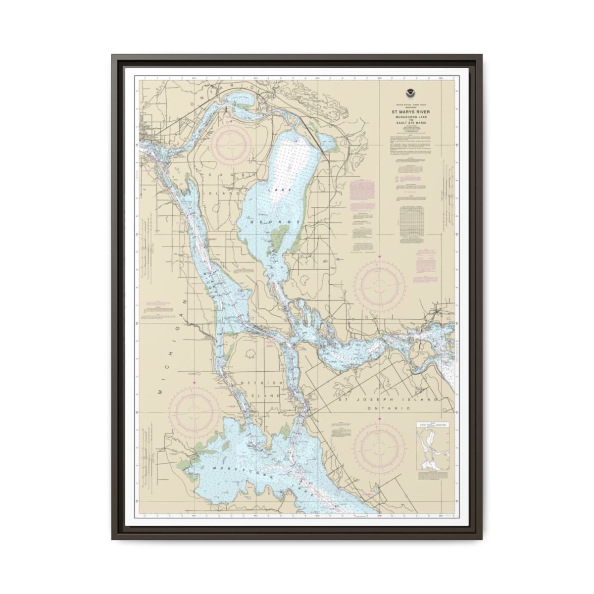 Chart 14883 St. Marys River - Munuscong Lake to Sault Ste. Marie - NOAA Nautical Chart Floating Frame Canvas | 24" x 32" | 30" x 40" - Espresso front