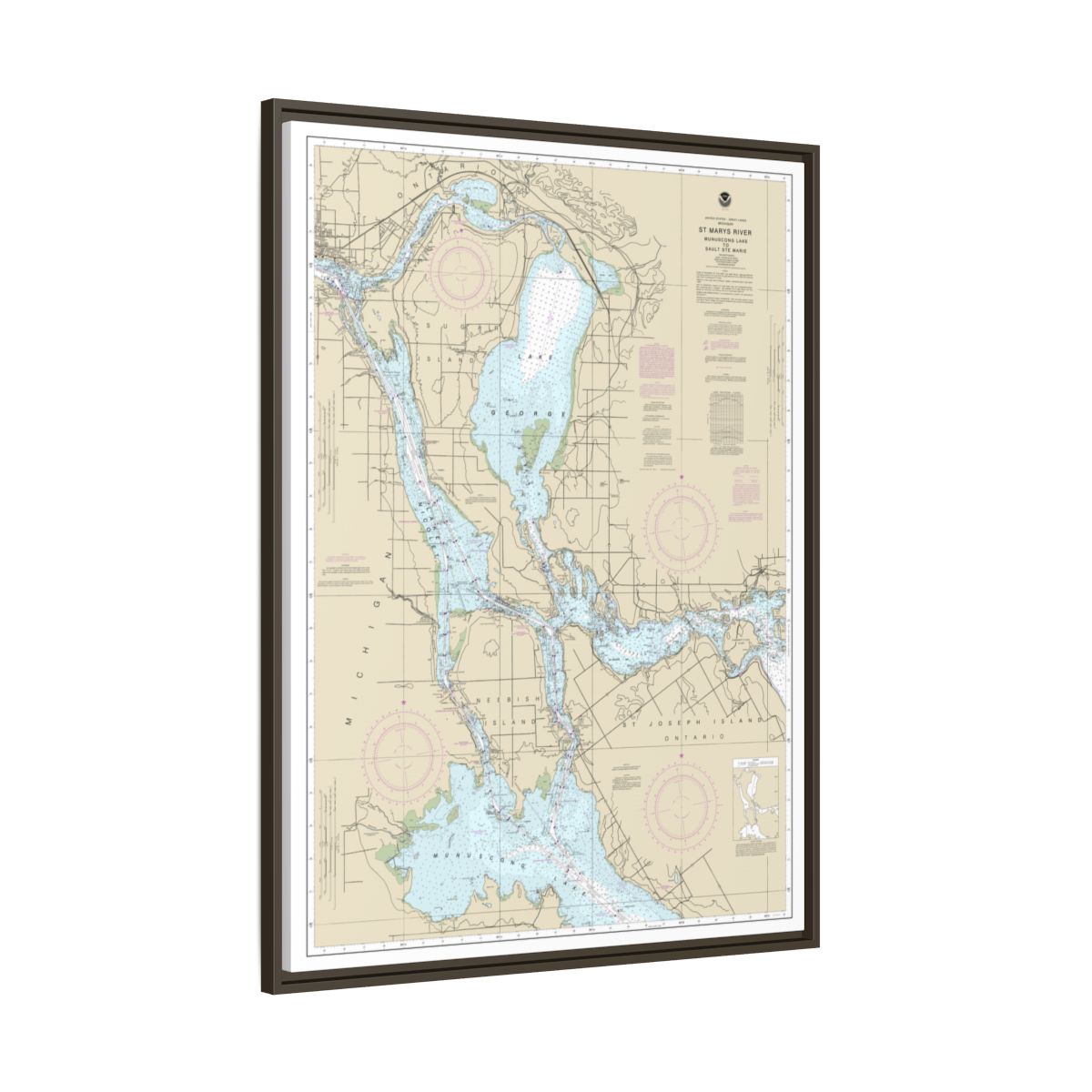 Chart 14883 St. Marys River - Munuscong Lake to Sault Ste. Marie - NOAA Nautical Chart Floating Frame Canvas | 24" x 32" | 30" x 40" - Espresso side