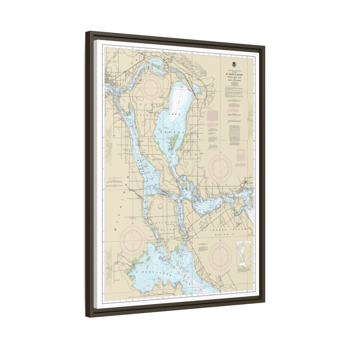 Chart 14883 St. Marys River - Munuscong Lake to Sault Ste. Marie - NOAA Nautical Chart Floating Frame Canvas | 24" x 32" | 30" x 40" - Espresso side