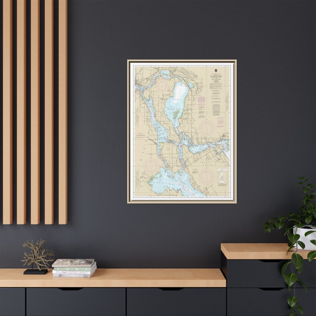 Chart 14883 St. Marys River - Munuscong Lake to Sault Ste. Marie - NOAA Nautical Chart Floating Frame Canvas | 24" x 32" | 30" x 40" - Natural context-2