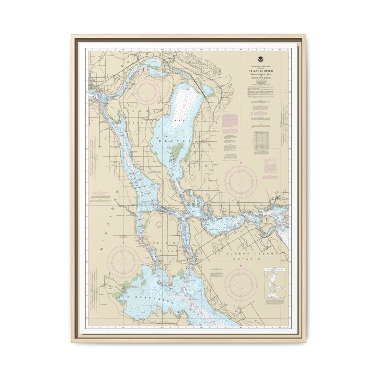 Chart 14883 St. Marys River - Munuscong Lake to Sault Ste. Marie - NOAA Nautical Chart Floating Frame Canvas | 24" x 32" | 30" x 40" - Natural front