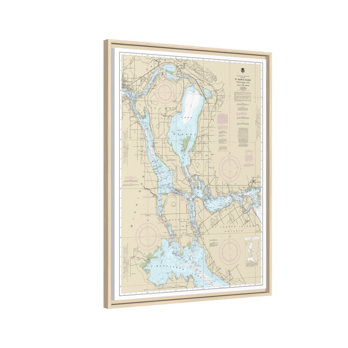 Chart 14883 St. Marys River - Munuscong Lake to Sault Ste. Marie - NOAA Nautical Chart Floating Frame Canvas | 24" x 32" | 30" x 40" - Natural side