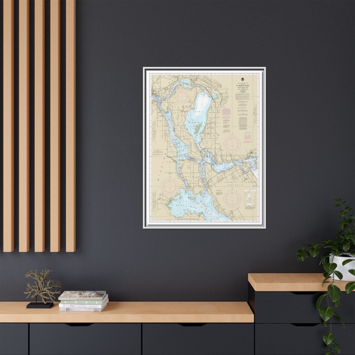 Chart 14883 St. Marys River - Munuscong Lake to Sault Ste. Marie - NOAA Nautical Chart Floating Frame Canvas | 24" x 32" | 30" x 40" - White context-2