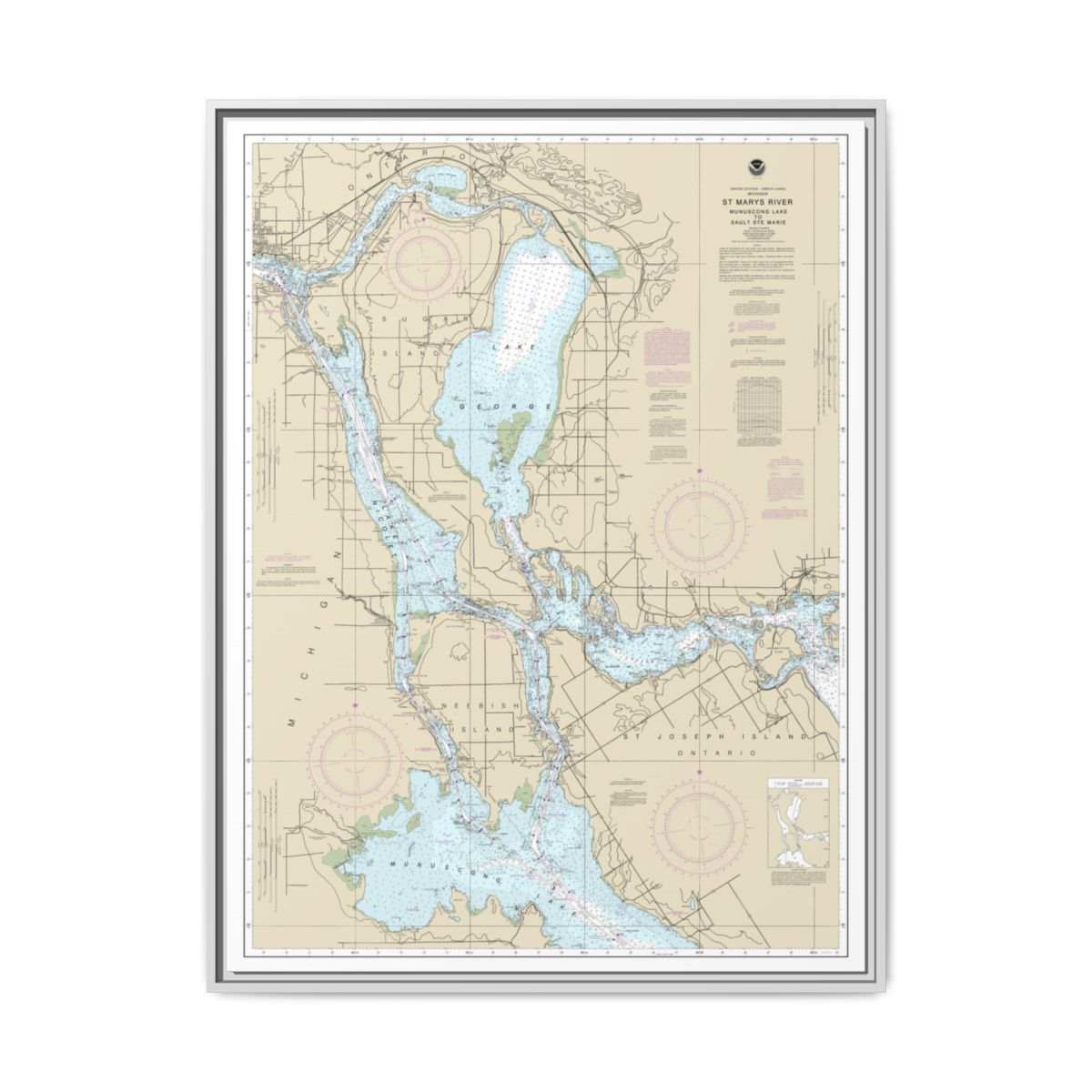 Chart 14883 St. Marys River - Munuscong Lake to Sault Ste. Marie - NOAA Nautical Chart Floating Frame Canvas | 24" x 32" | 30" x 40" - White front