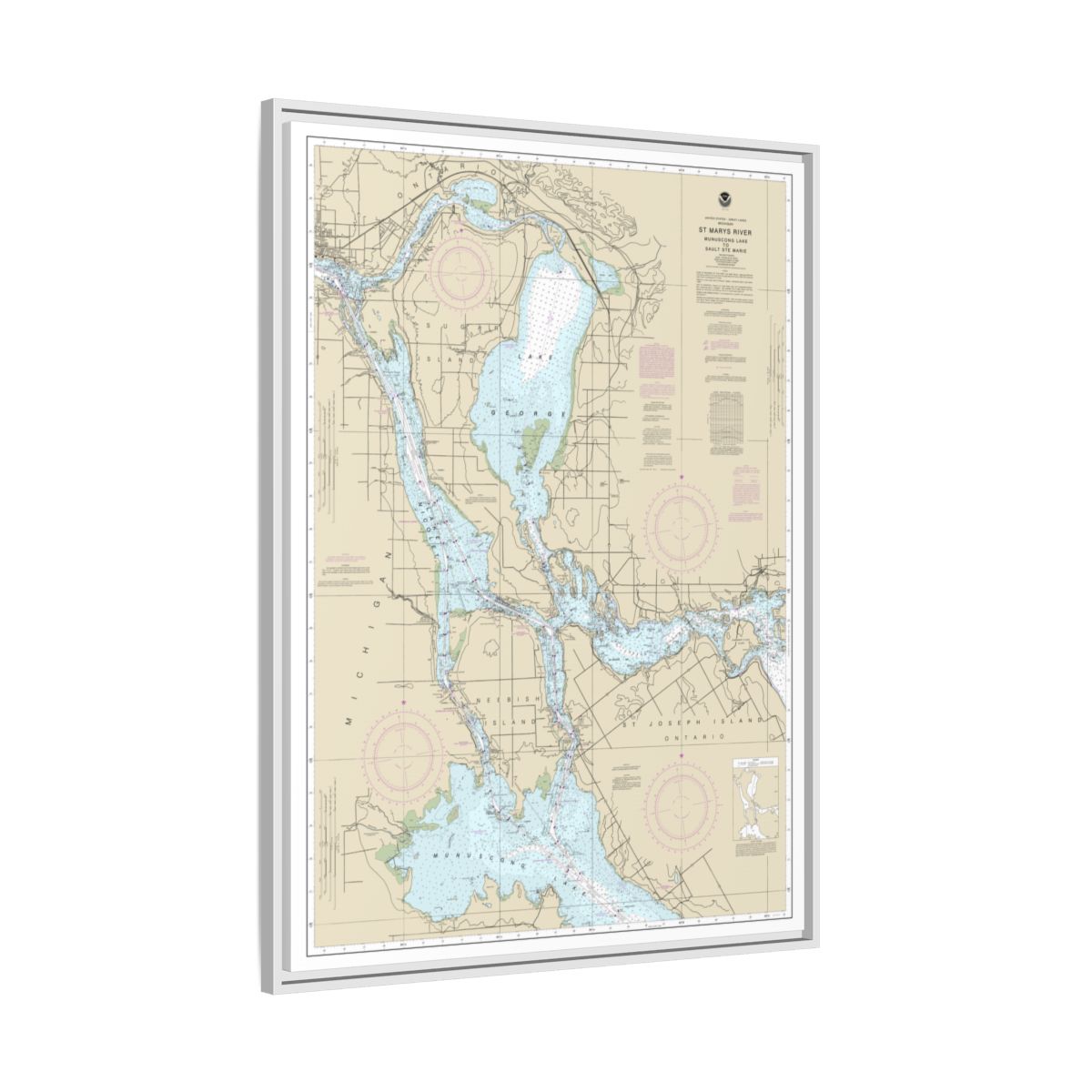 Chart 14883 St. Marys River - Munuscong Lake to Sault Ste. Marie - NOAA Nautical Chart Floating Frame Canvas | 24" x 32" | 30" x 40" - White side