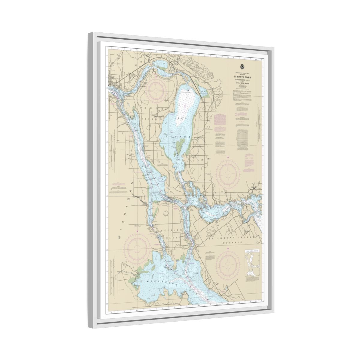 Chart 14883 St. Marys River - Munuscong Lake to Sault Ste. Marie - NOAA Nautical Chart Floating Frame Canvas | 24" x 32" | 30" x 40" - White side