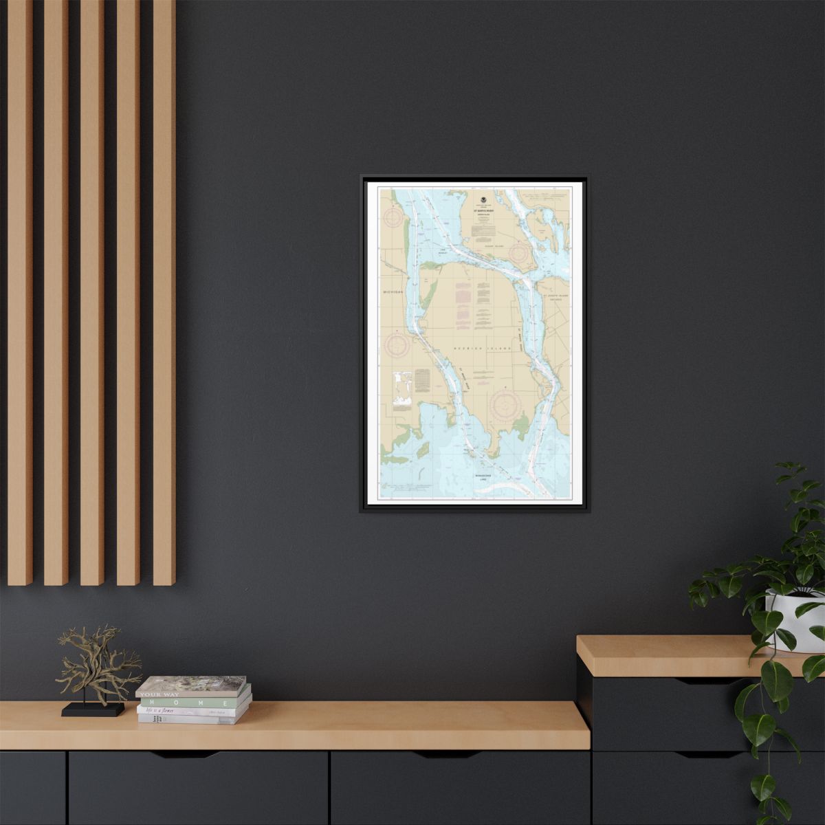Chart 14887 St Marys River - Vicinity of Neebish Island - NOAA Nautical Chart Floating Frame Canvas | 20" x 30" | 24" x 36" | 32" x 48" - Black context-2