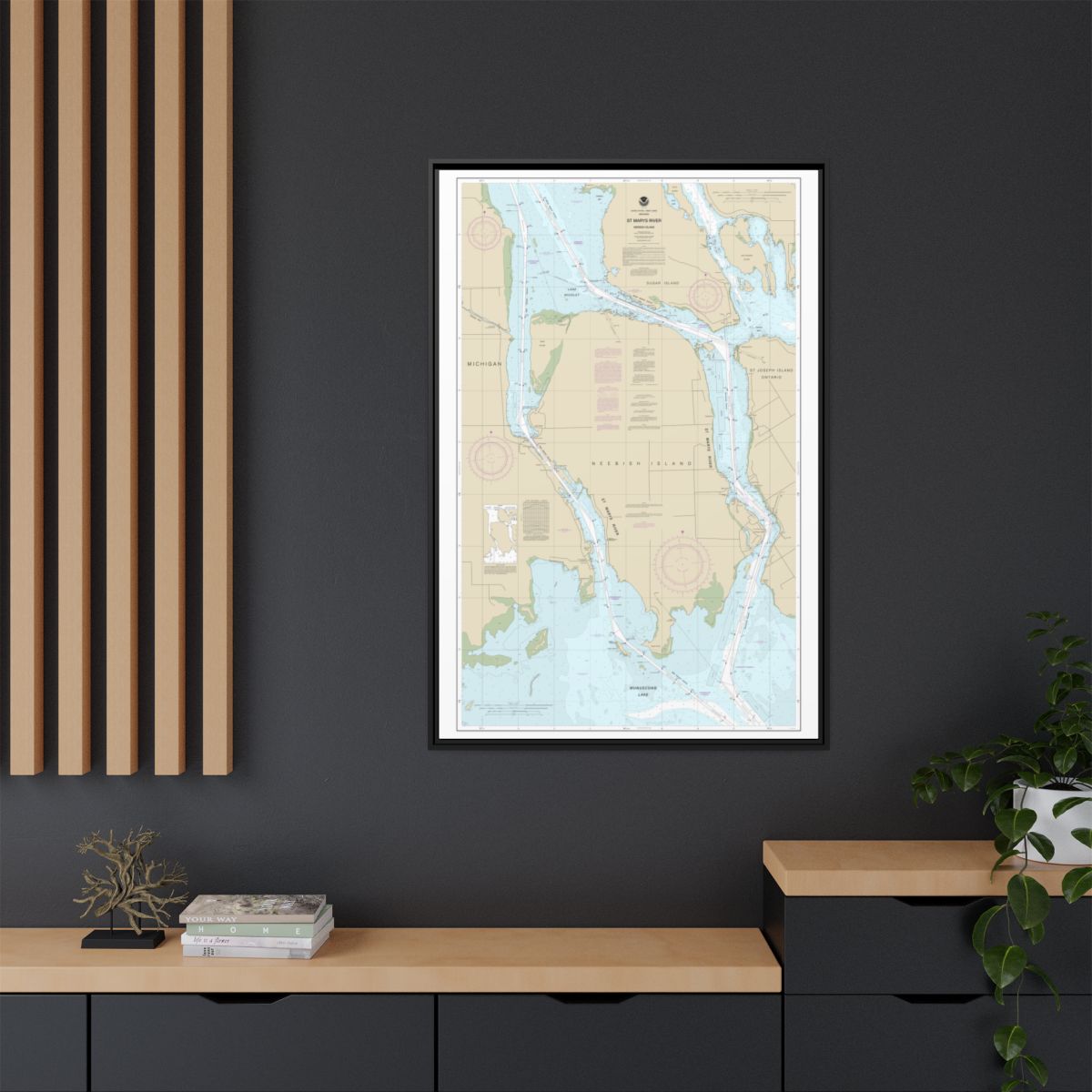 Chart 14887 St Marys River - Vicinity of Neebish Island - NOAA Nautical Chart Floating Frame Canvas | 20" x 30" | 24" x 36" | 32" x 48" - Black context-2