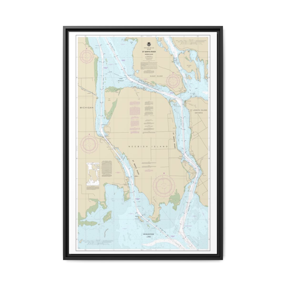 Chart 14887 St Marys River - Vicinity of Neebish Island - NOAA Nautical Chart Floating Frame Canvas | 20" x 30" | 24" x 36" | 32" x 48" - Black front