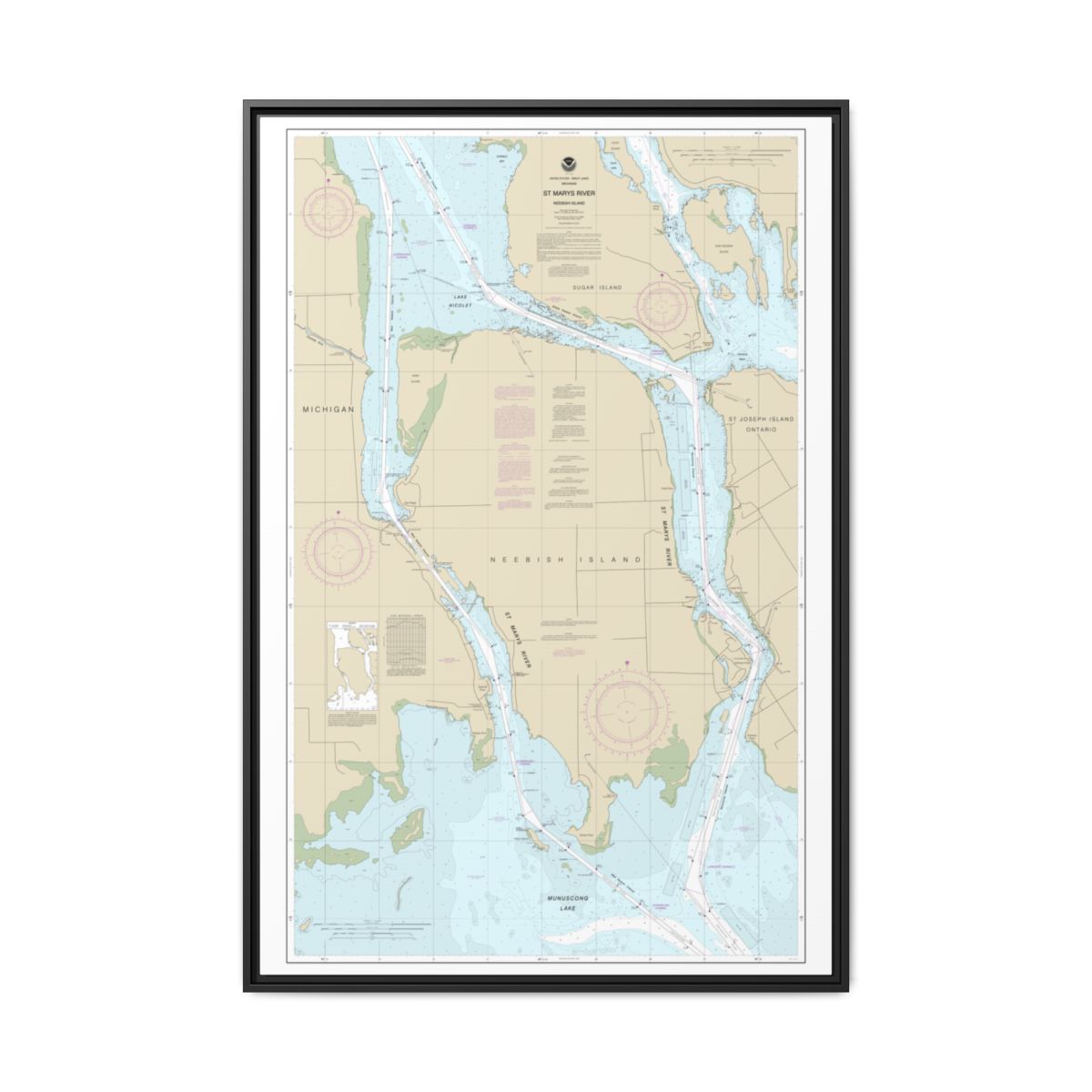 Chart 14887 St Marys River - Vicinity of Neebish Island - NOAA Nautical Chart Floating Frame Canvas | 20" x 30" | 24" x 36" | 32" x 48" - Black front