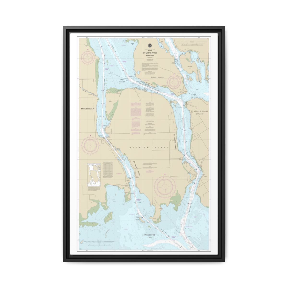 Chart 14887 St Marys River - Vicinity of Neebish Island - NOAA Nautical Chart Floating Frame Canvas | 20" x 30" | 24" x 36" | 32" x 48" - Black front