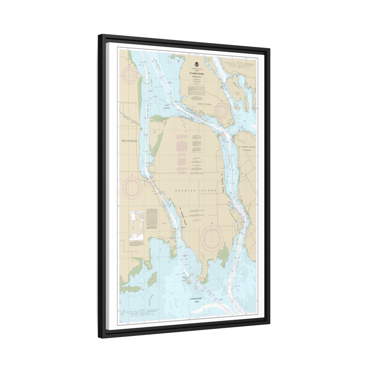 Chart 14887 St Marys River - Vicinity of Neebish Island - NOAA Nautical Chart Floating Frame Canvas | 20" x 30" | 24" x 36" | 32" x 48" - Black side