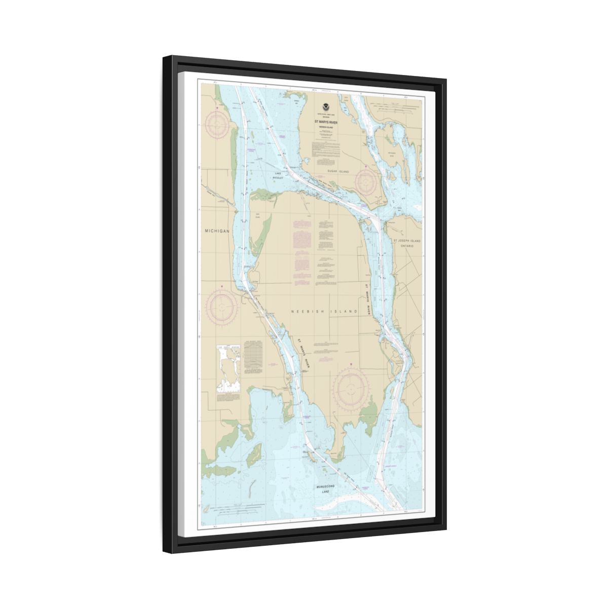 Chart 14887 St Marys River - Vicinity of Neebish Island - NOAA Nautical Chart Floating Frame Canvas | 20" x 30" | 24" x 36" | 32" x 48" - Black side
