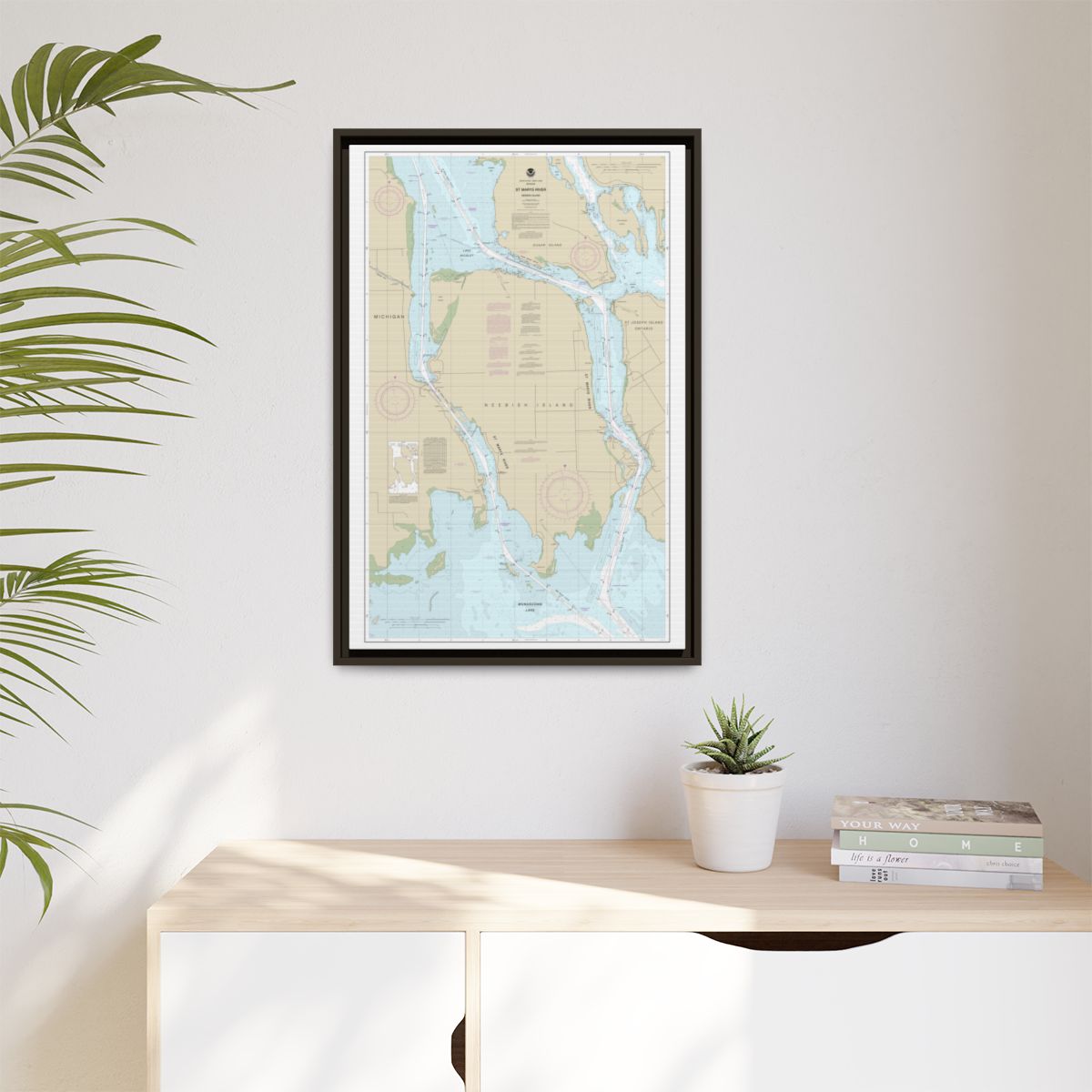 Chart 14887 St Marys River - Vicinity of Neebish Island - NOAA Nautical Chart Floating Frame Canvas | 20" x 30" | 24" x 36" | 32" x 48" - Espresso context-1