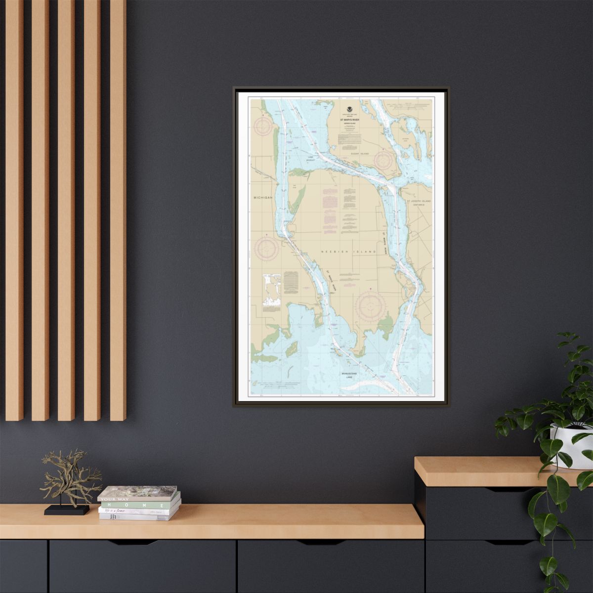 Chart 14887 St Marys River - Vicinity of Neebish Island - NOAA Nautical Chart Floating Frame Canvas | 20" x 30" | 24" x 36" | 32" x 48" - Espresso context-2