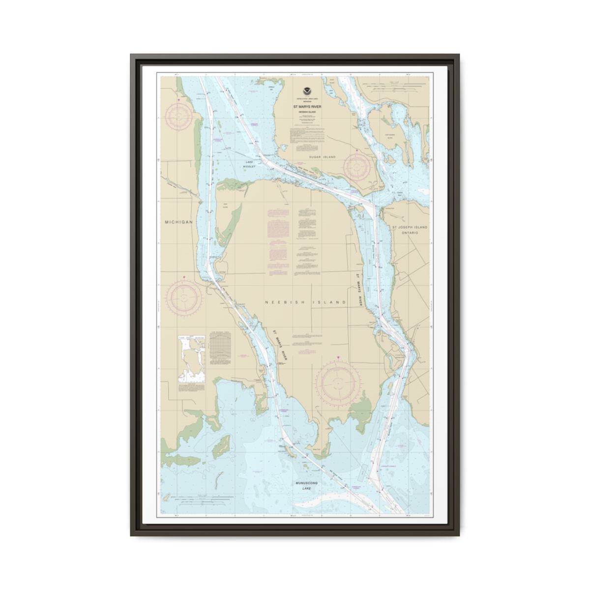 Chart 14887 St Marys River - Vicinity of Neebish Island - NOAA Nautical Chart Floating Frame Canvas | 20" x 30" | 24" x 36" | 32" x 48" - Espresso front