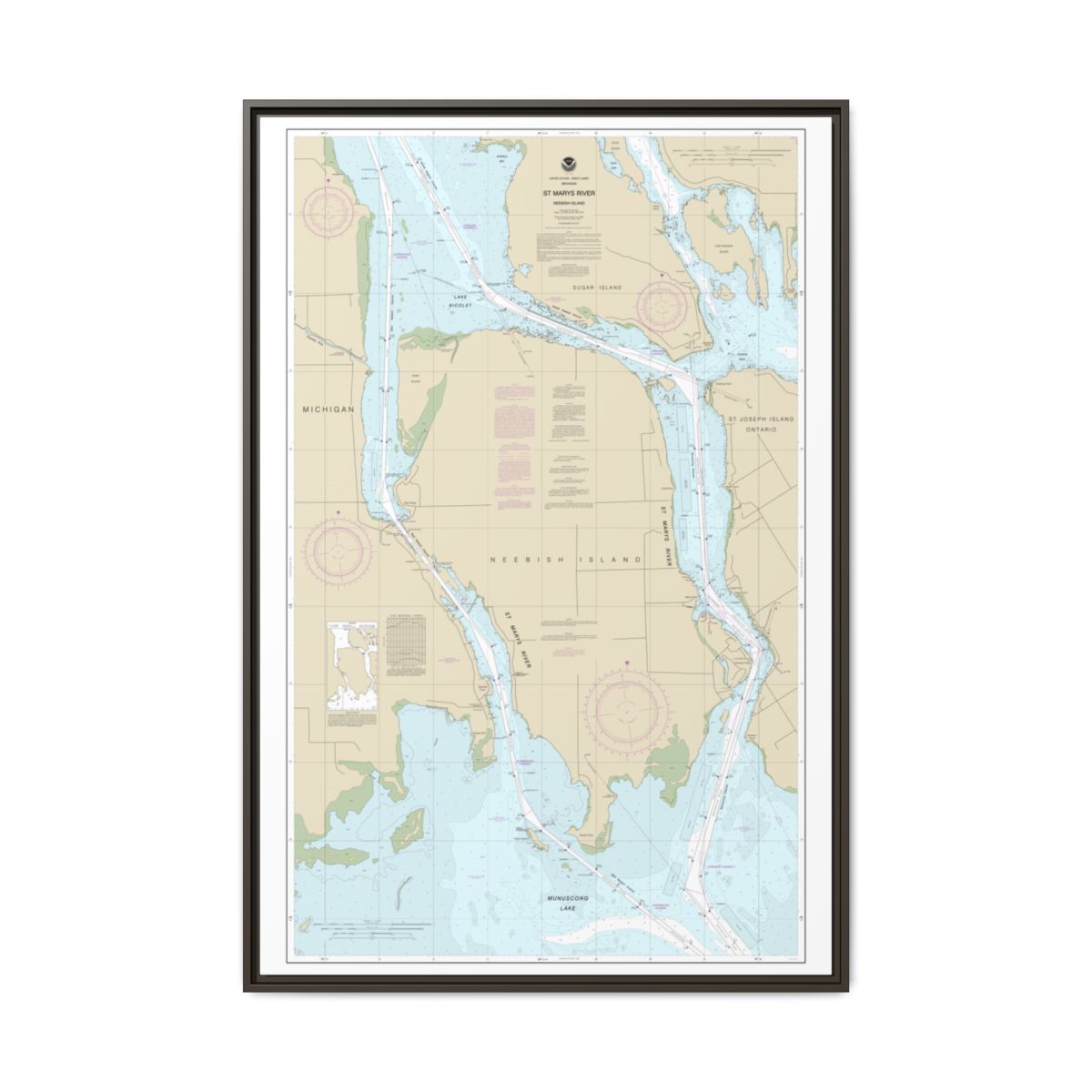 Chart 14887 St Marys River - Vicinity of Neebish Island - NOAA Nautical Chart Floating Frame Canvas | 20" x 30" | 24" x 36" | 32" x 48" - Espresso front