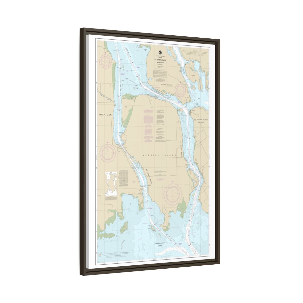 Chart 14887 St Marys River - Vicinity of Neebish Island - NOAA Nautical Chart Floating Frame Canvas | 20" x 30" | 24" x 36" | 32" x 48" - Espresso side