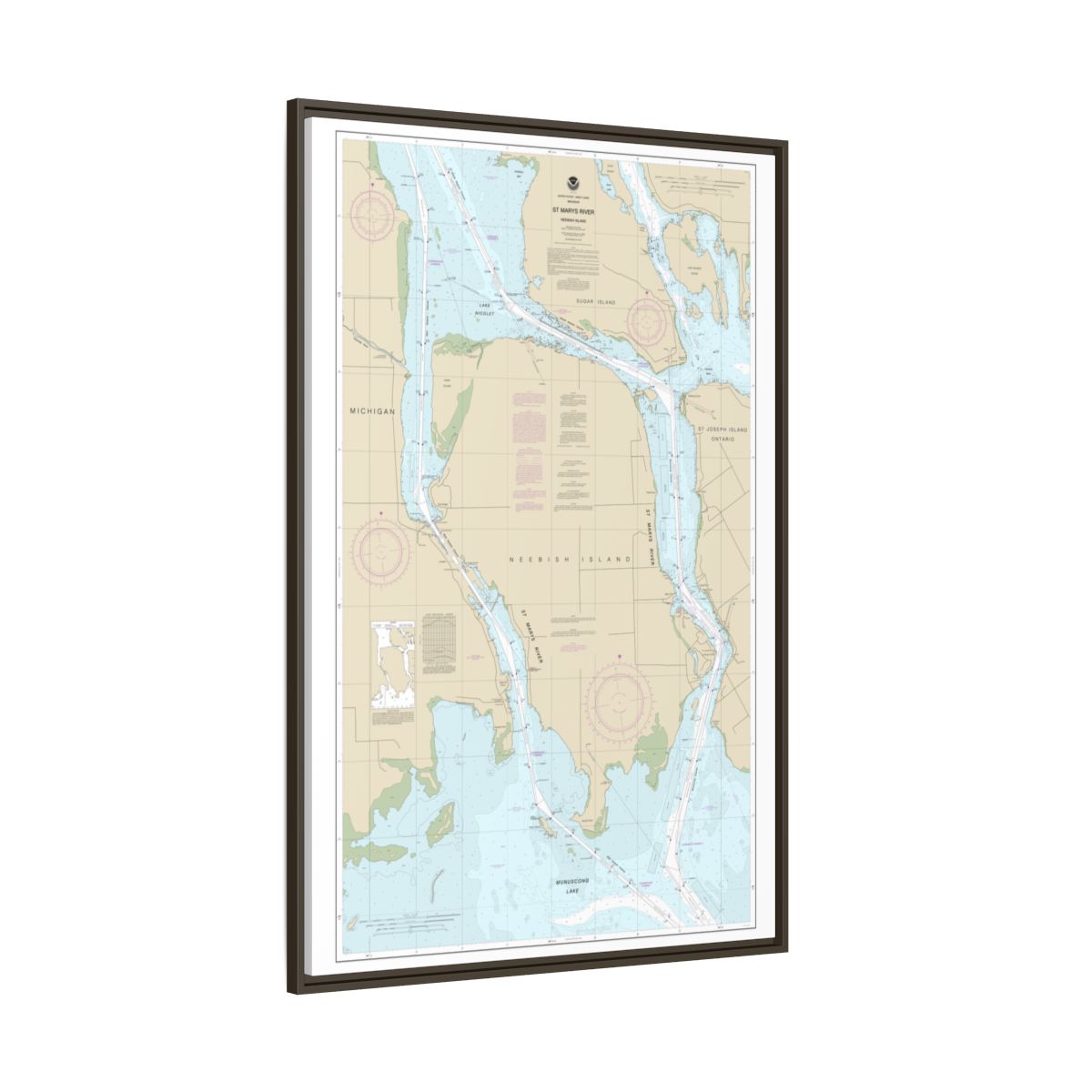 Chart 14887 St Marys River - Vicinity of Neebish Island - NOAA Nautical Chart Floating Frame Canvas | 20" x 30" | 24" x 36" | 32" x 48" - Espresso side